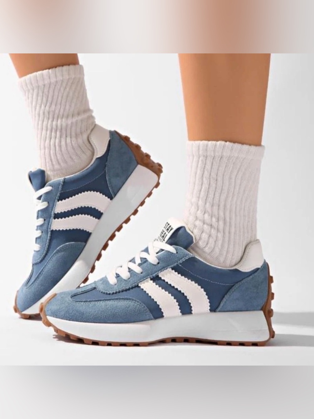 Retro Runner Women’s Chunky Platform Sneakers in Blue Suede with White Stripes